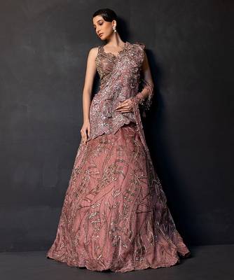 Dusty Mauve Embroidered Satin Lehenga Set 1
