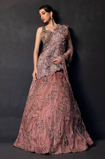 Dusty Mauve Embroidered Satin Lehenga Set