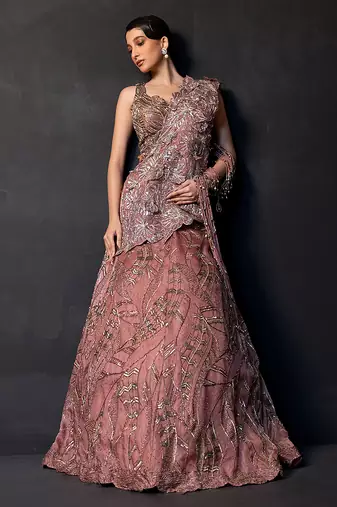 Dusty Mauve Embroidered Satin Lehenga Set