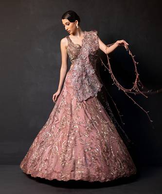 Dusty Mauve Embroidered Satin Lehenga Set 2