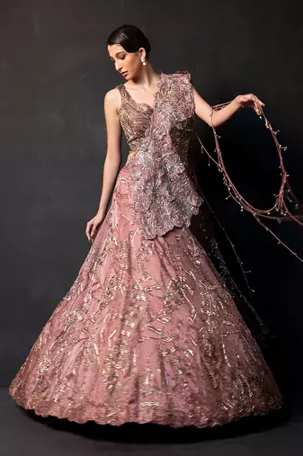 Dusty Mauve Embroidered Satin Lehenga Set