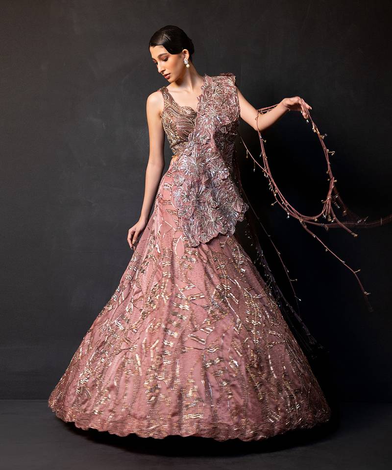 Dusty Mauve Embroidered Satin Lehenga Set
