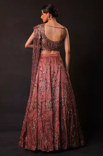 Dusty Mauve Embroidered Satin Lehenga Set