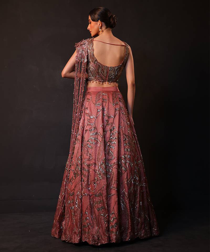 Dusty Mauve Embroidered Satin Lehenga Set