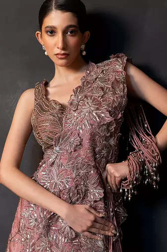 Dusty Mauve Embroidered Satin Lehenga Set