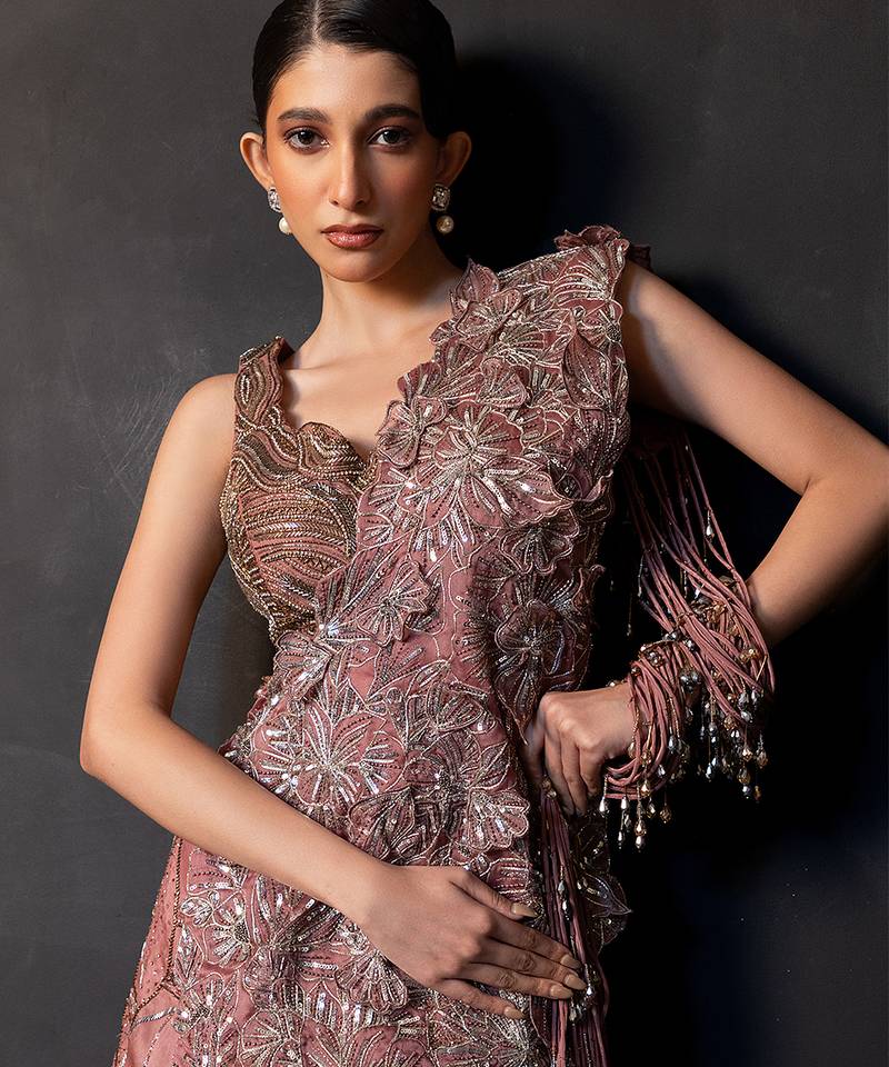 Dusty Mauve Embroidered Satin Lehenga Set