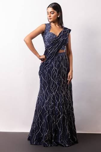 Midnight Blue Embroidered Georgette Lehenga Set