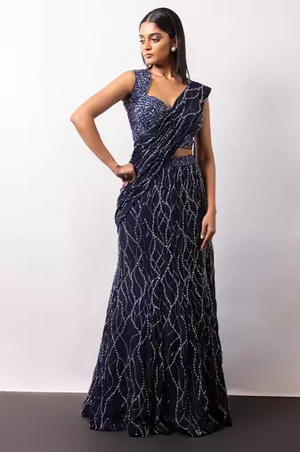 Midnight Blue Embroidered Georgette Lehenga Set