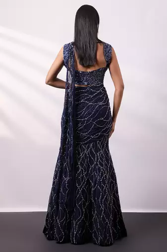 Midnight Blue Embroidered Georgette Lehenga Set