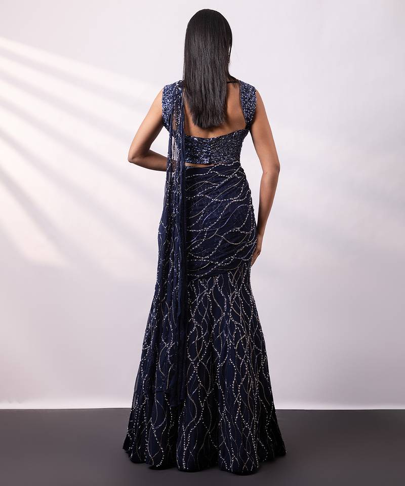 Midnight Blue Embroidered Georgette Lehenga Set
