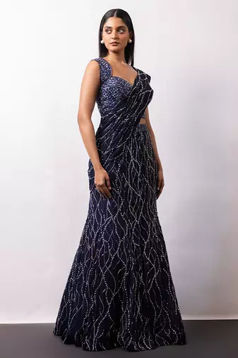Midnight Blue Embroidered Georgette Lehenga Set