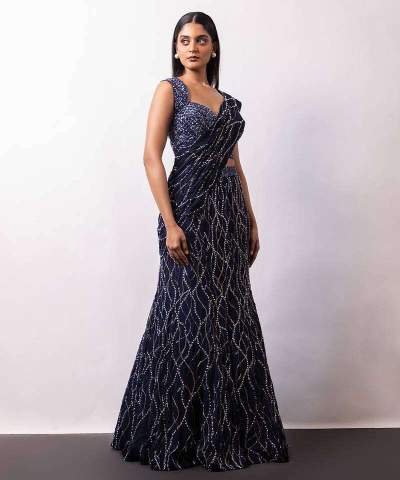 Midnight Blue Embroidered Georgette Lehenga Set