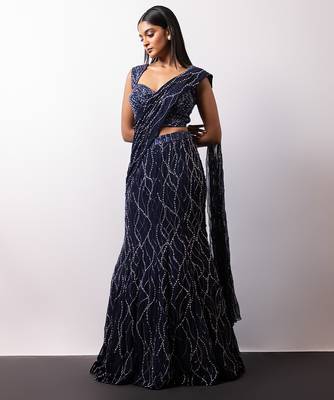 Midnight Blue Embroidered Georgette Lehenga Set 4