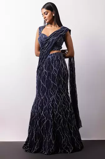 Midnight Blue Embroidered Georgette Lehenga Set