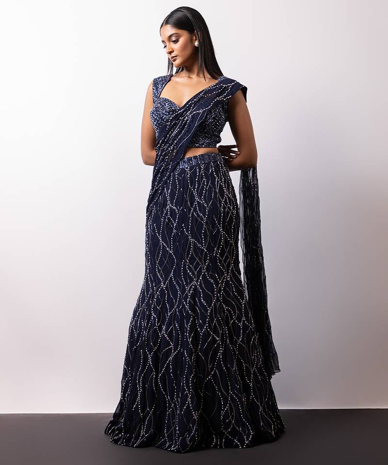 Midnight Blue Embroidered Georgette Lehenga Set