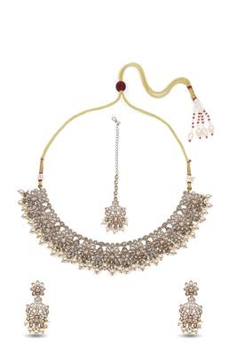 gorgeous flower design pearl kundan antique gold plated choker jewellery set for women 2