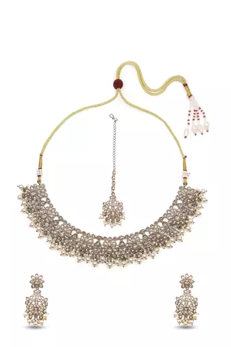 gorgeous flower design pearl kundan antique gold plated choker jewellery set for women