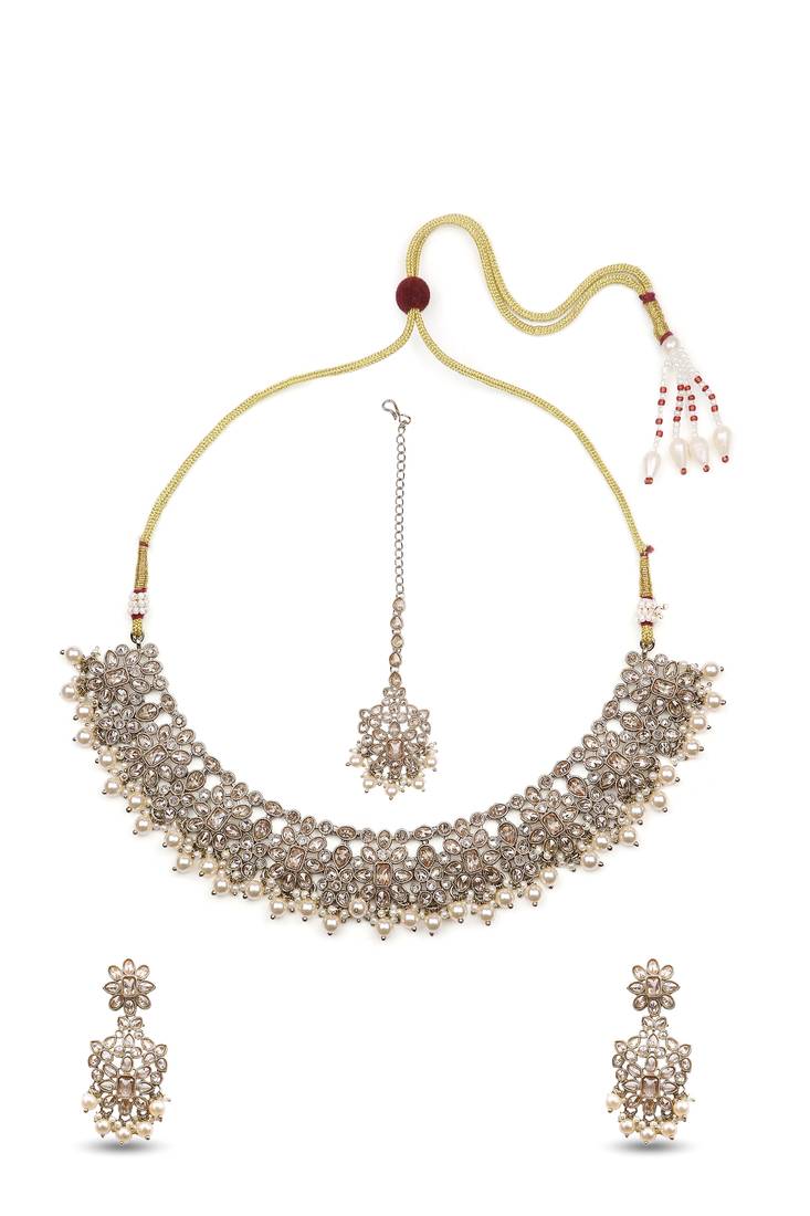 gorgeous flower design pearl kundan antique gold plated choker jewellery set for women