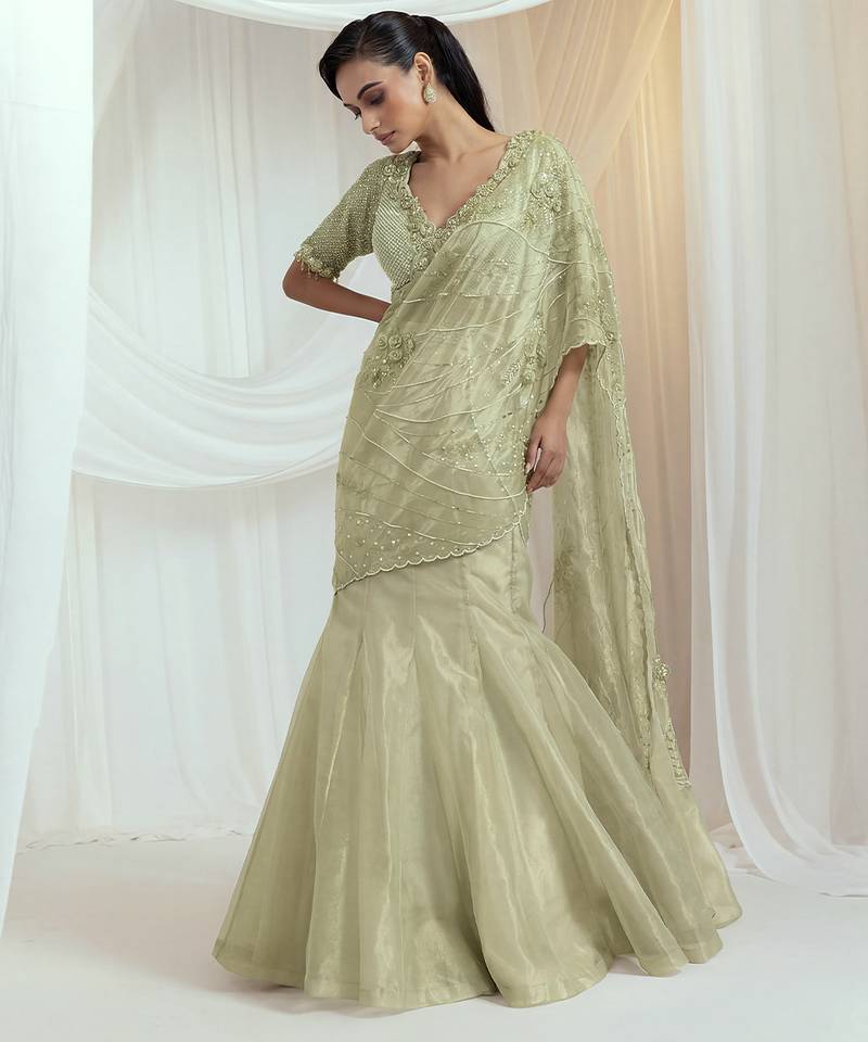 Pista Green Tissue Organza Lehenga Set