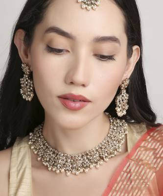 gorgeous flower design pearl kundan antique gold plated choker jewellery set for women 3