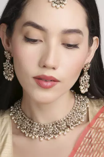 gorgeous flower design pearl kundan antique gold plated choker jewellery set for women