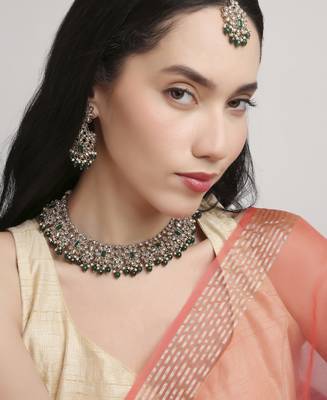 graceful flower design pearl kundan antique gold plated choker jewellery set for women 1
