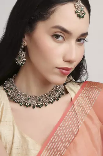 graceful flower design pearl kundan antique gold plated choker jewellery set for women