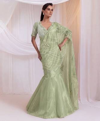 Pista Green Tissue Organza Lehenga Set 4