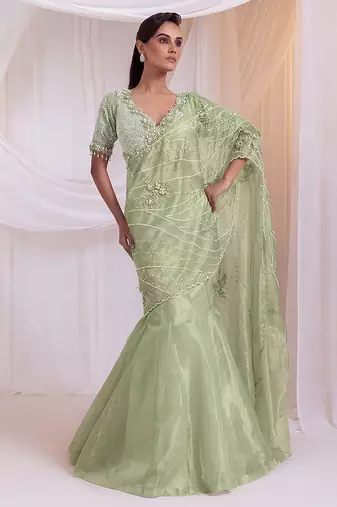 Pista Green Tissue Organza Lehenga Set