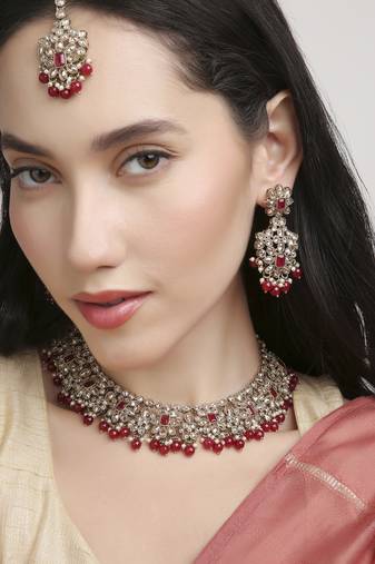 incredible flower design pearl kundan antique gold plated choker jewellery set for women