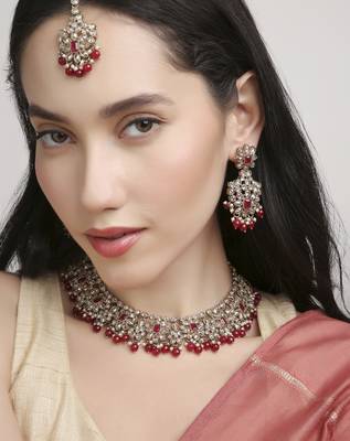 incredible flower design pearl kundan antique gold plated choker jewellery set for women 2