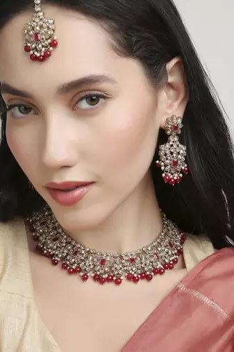 incredible flower design pearl kundan antique gold plated choker jewellery set for women