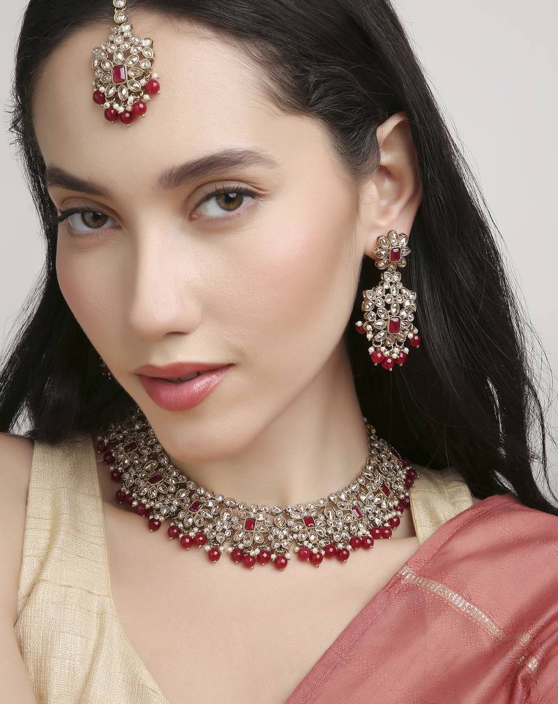 incredible flower design pearl kundan antique gold plated choker jewellery set for women