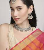 glamorous oval shape pearl kundan antique gold plated choker jewellery set for women