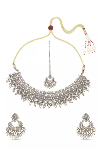 glamorous oval shape pearl kundan antique gold plated choker jewellery set for women