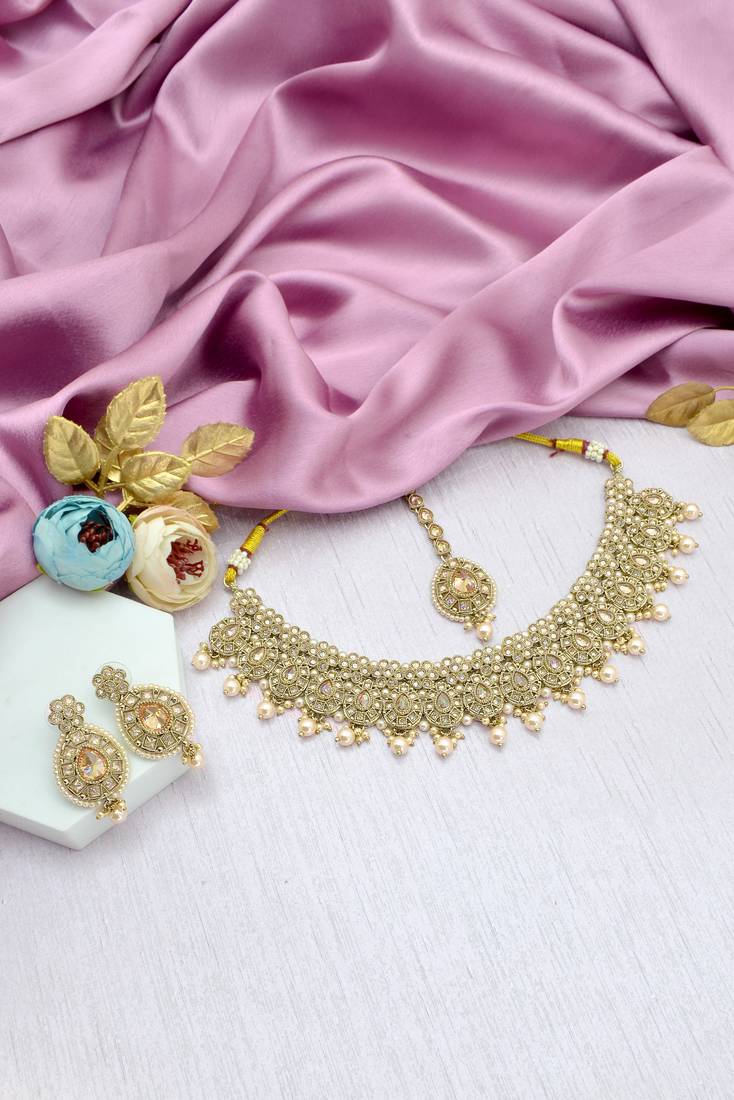 lavish flower and oval shape kundan antique gold plated choker jewellery set for women