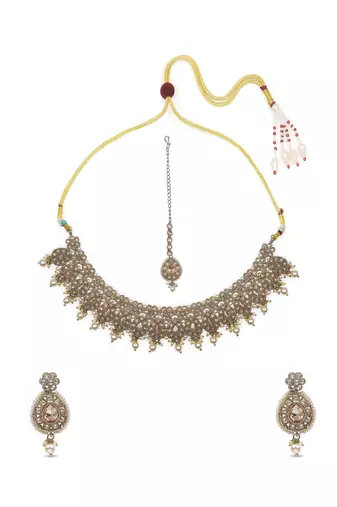 lavish flower and oval shape kundan antique gold plated choker jewellery set for women