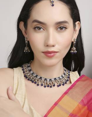 modish square and flower design kundan antique gold plated choker jewellery set for women 1