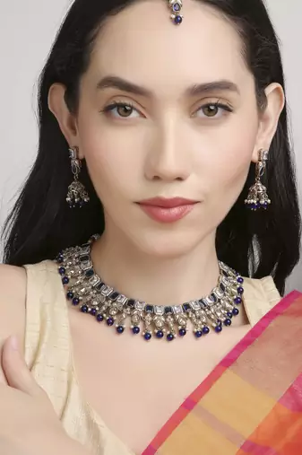 modish square and flower design kundan antique gold plated choker jewellery set for women