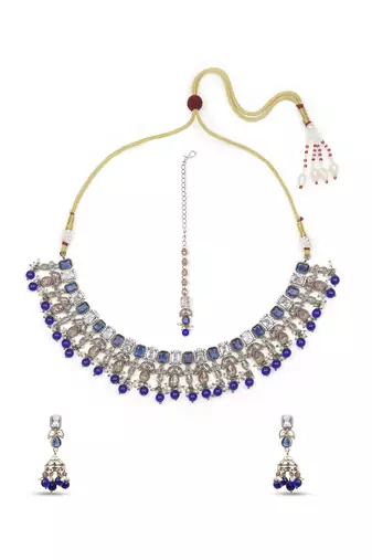 modish square and flower design kundan antique gold plated choker jewellery set for women