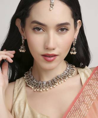 pleasant square and flower design kundan antique gold plated choker jewellery set for women 1