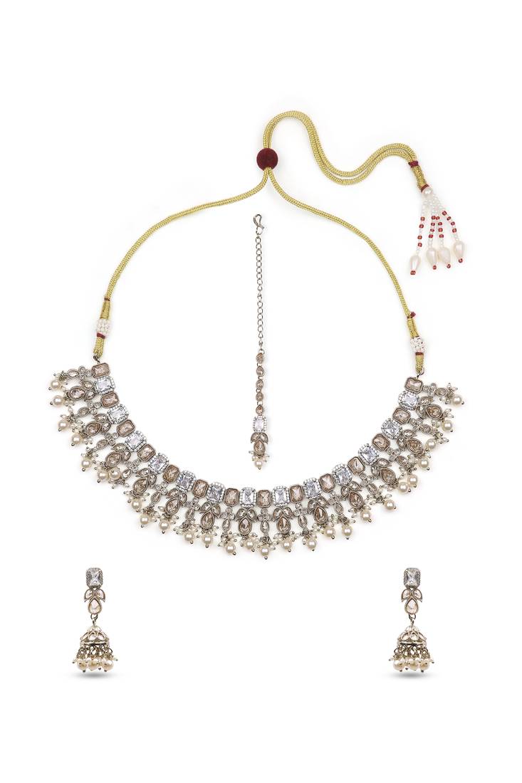 pleasant square and flower design kundan antique gold plated choker jewellery set for women