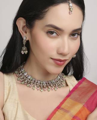 pleasing square and flower design kundan antique gold plated choker jewellery set for women 1