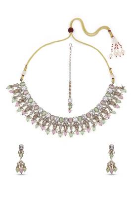 pleasing square and flower design kundan antique gold plated choker jewellery set for women 3