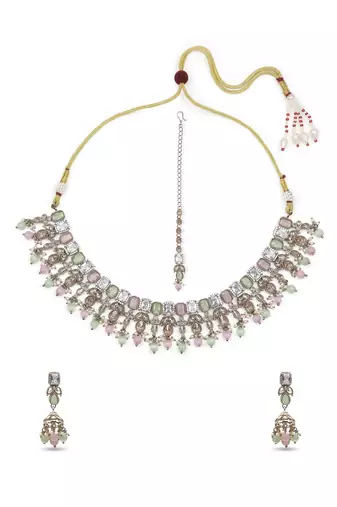pleasing square and flower design kundan antique gold plated choker jewellery set for women