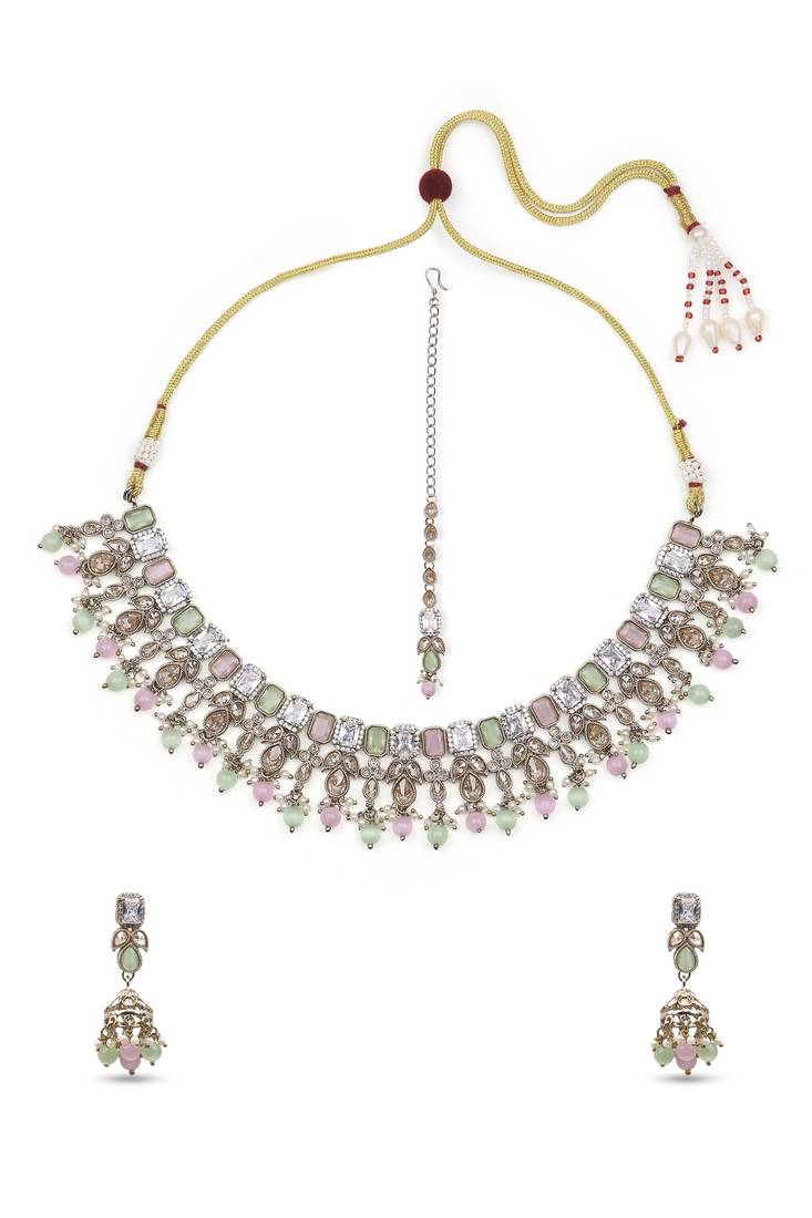 pleasing square and flower design kundan antique gold plated choker jewellery set for women