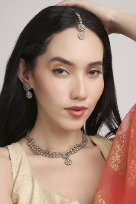 round and flower design 2 layer necklace antique gold plated long haram jewellery set for women 1