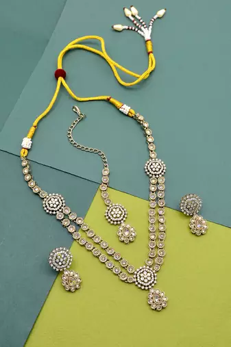 round and flower design 2 layer necklace antique gold plated long haram jewellery set for women