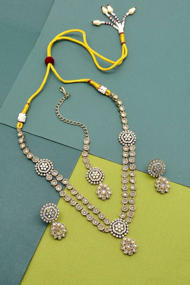 round and flower design 2 layer necklace antique gold plated long haram jewellery set for women