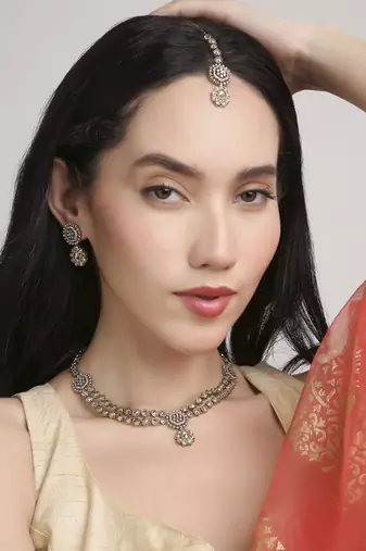 round and flower design 2 layer necklace antique gold plated long haram jewellery set for women